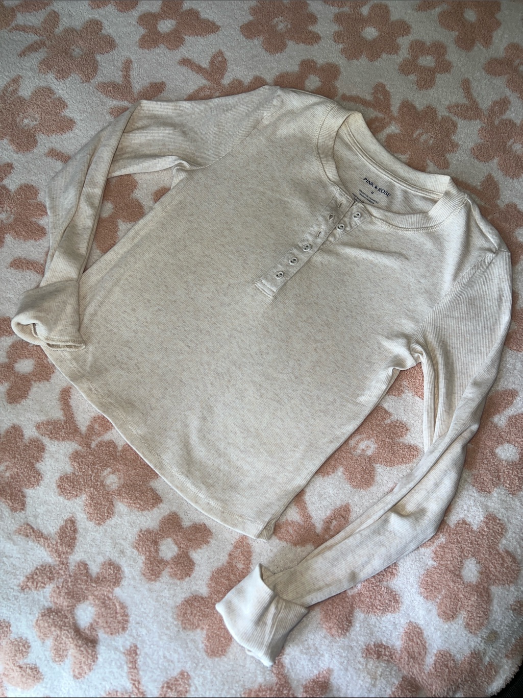Pink Rose Heathered Tan Waffle Henley Long Sleeve